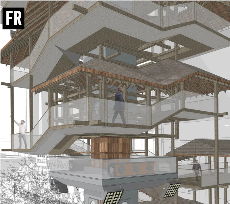 Timber-framed platforms integrate shaded circulation, gathering areas, and event-support infrastructure.