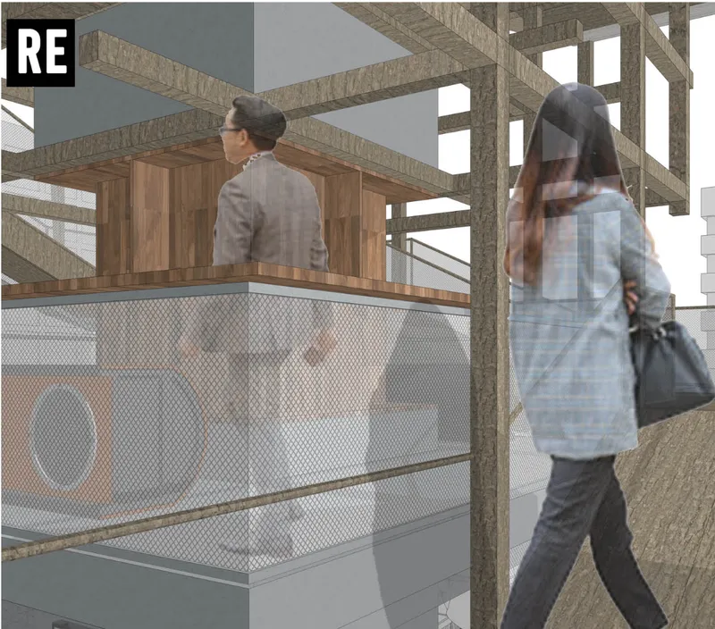 Close-up view of the accessible walkway wrapping around the retained clock-tower core.