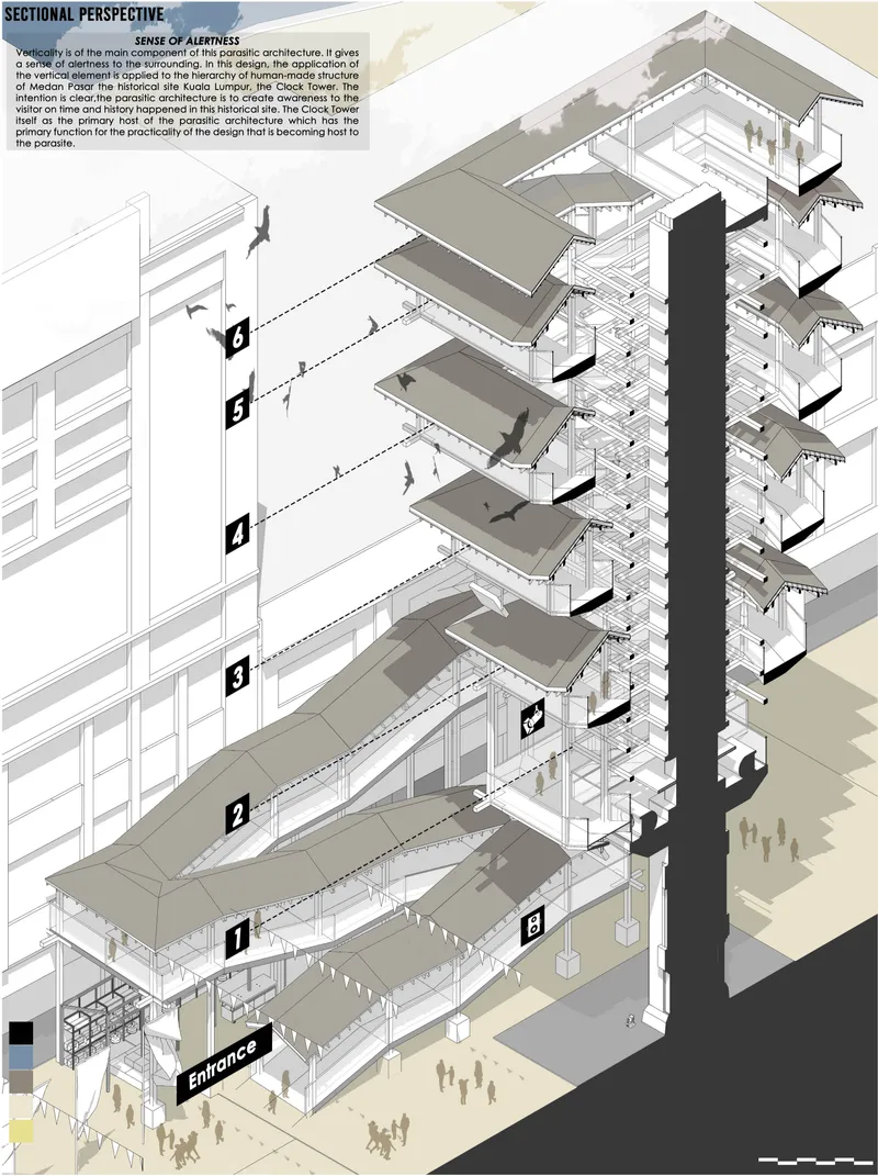 Sectional perspective illustrating the continuous climb through ramps, platforms, roofs, and elevated public spaces.