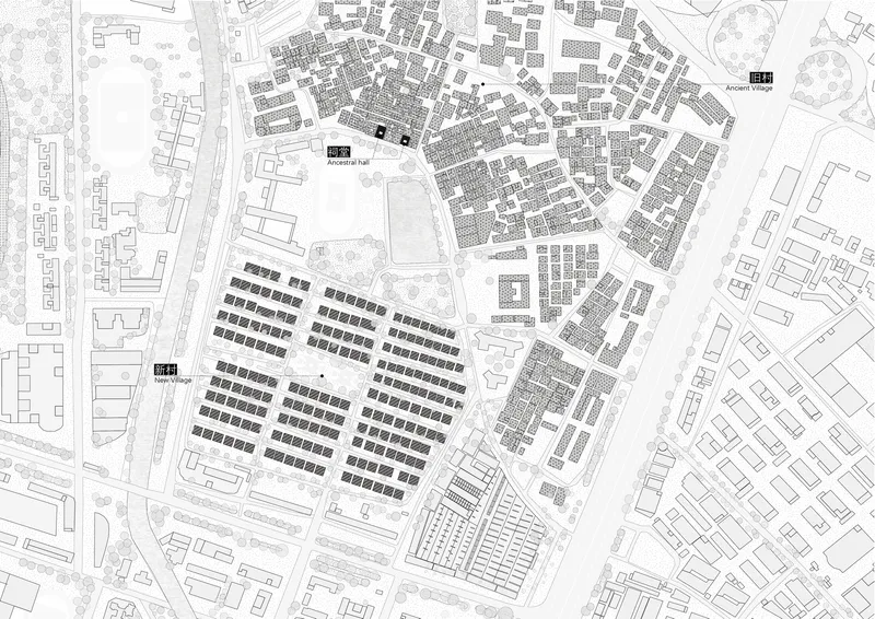 Site plan drawing showing residential blocks arranged in geometric rows with ancestral hall and landscaped areas
