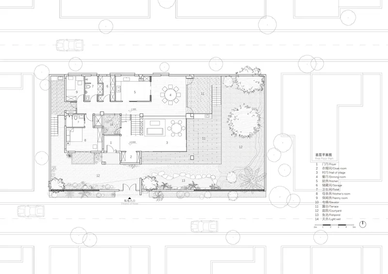 Ground floor plan drawing showing living spaces alongside courtyard garden with two circular tree canopies