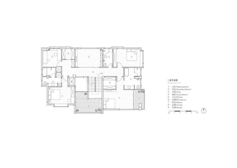 Second floor plan drawing showing bedroom layout with central staircase and textured terrace area