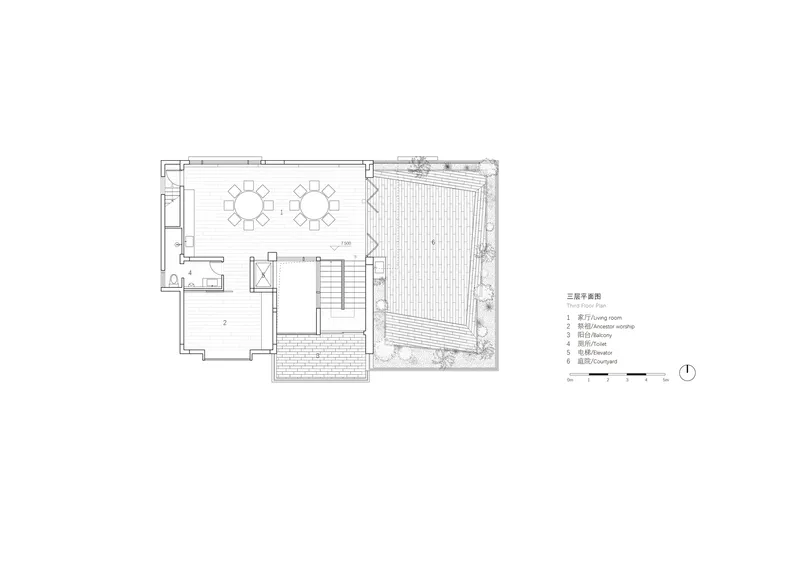 Third floor plan drawing showing two dining areas adjacent to large outdoor deck with timber decking