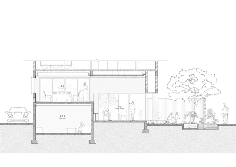 Section drawing depicting multilevel interior volumes with figures, a car, and a large tree on the right