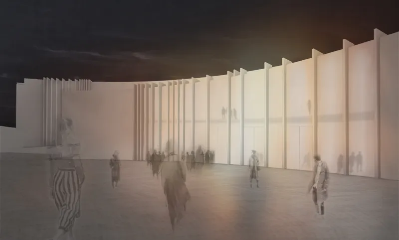 Interior rendering of a tall space with vertical fins and visitors moving through shadowed light