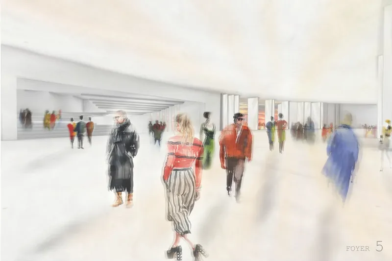 Watercolor sketch of a bright foyer with figures in winter coats circulating through open galleries