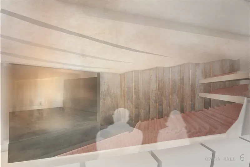 Rendering of an auditorium with wood-clad walls and spectators seated in sloped rows
