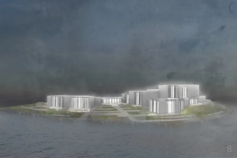 Waterfront rendering showing stepped white volumes with vertical fins under a stormy sky