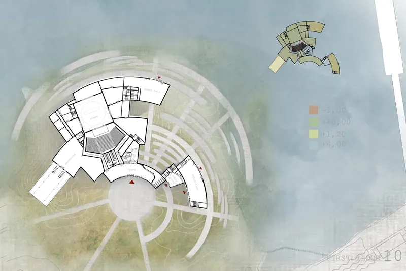 Floor plan drawing overlaid on aerial site showing three curved wings radiating from a circular central core