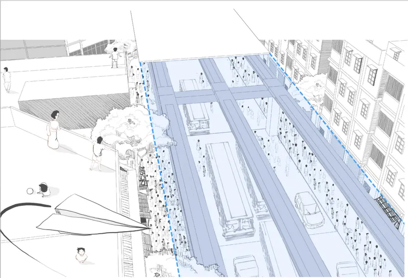 Modular seating transforms the elevated structure into an active social space for rest and community interaction.