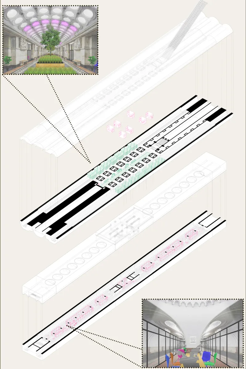 Exploded axonometric showing underground gardens and communal facilities integrated into Moscow Metro stations