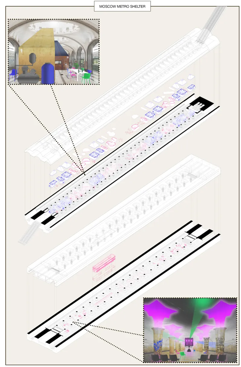 Modular living units and entertainment spaces transform existing metro platforms into long-term underground habitats