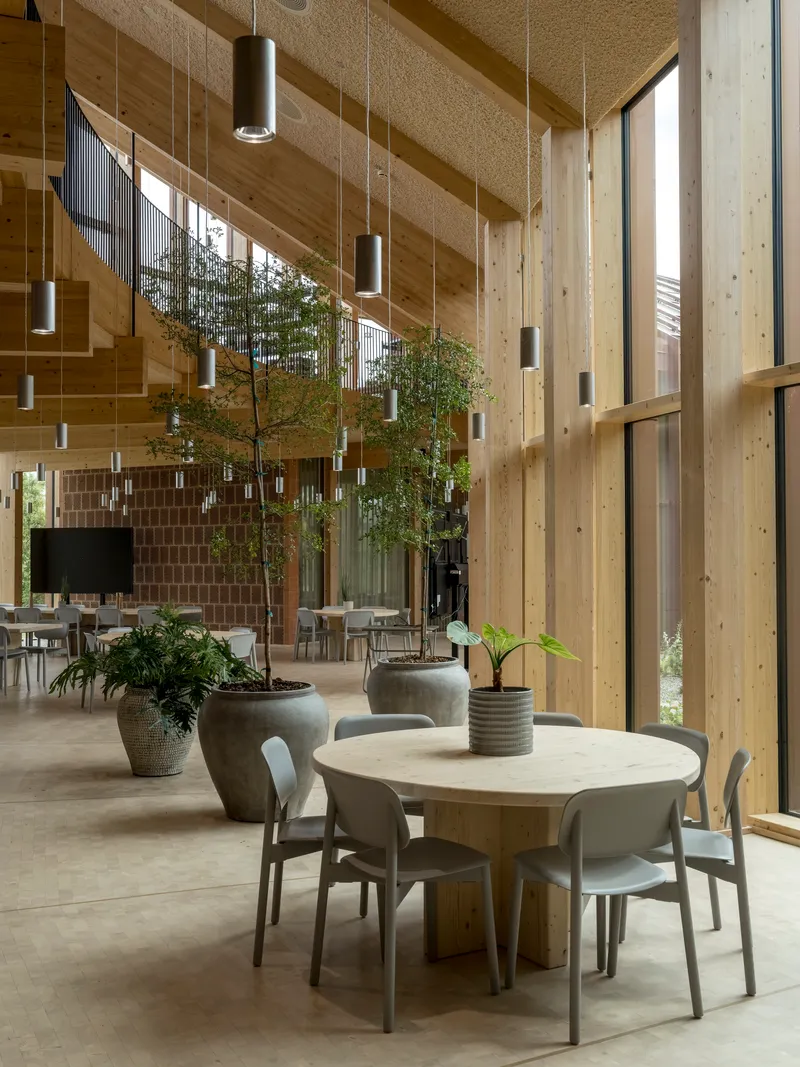 Dining area with round table and timber columns beneath hempcrete ceiling panels and hanging cylindrical lights