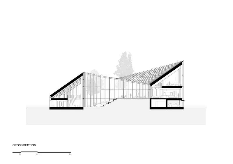 Cross section drawing revealing the sloped roof structure over interior spaces with trees visible in fog