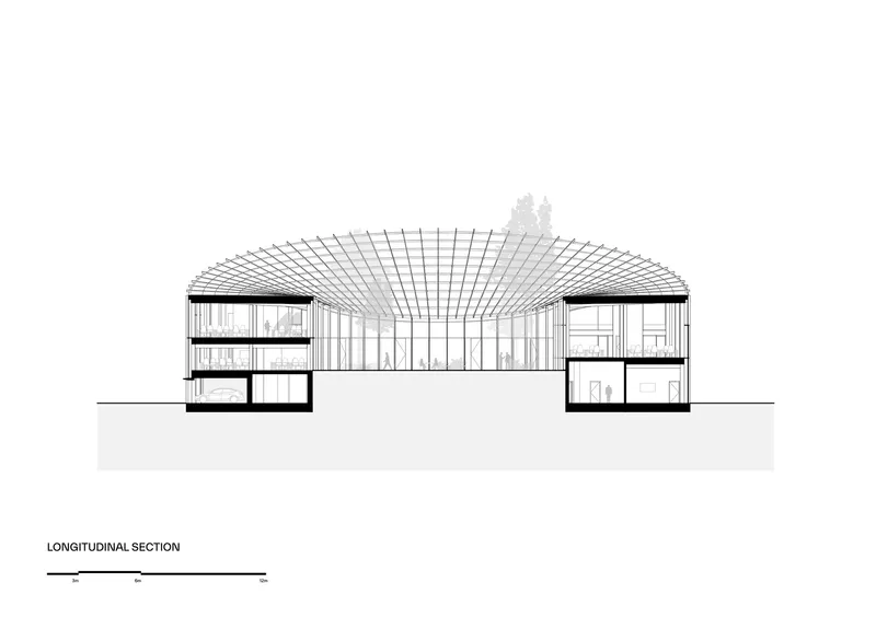 Longitudinal section drawing showing the arched roof spanning between flanking multi-story volumes with a tree silhouette above