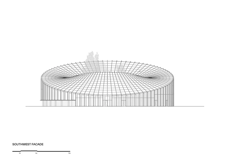 Elevation drawing of a circular building with undulating roofline and central tree courtyard