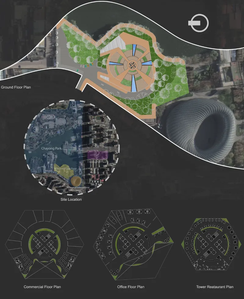 Site plan and floor layouts showing the tower’s circular organization and mixed-use program.
