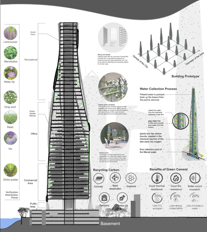 Sectional study illustrating vertical gardens, water recycling, and green building systems.