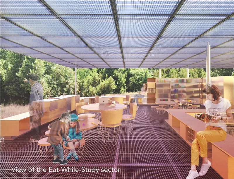 The eat-while-study area combines reading, dining, and collaborative community use.