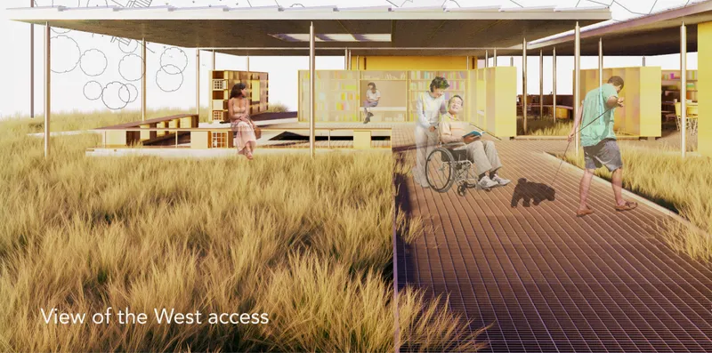West access opening the library to landscape, community, and inclusive movement.