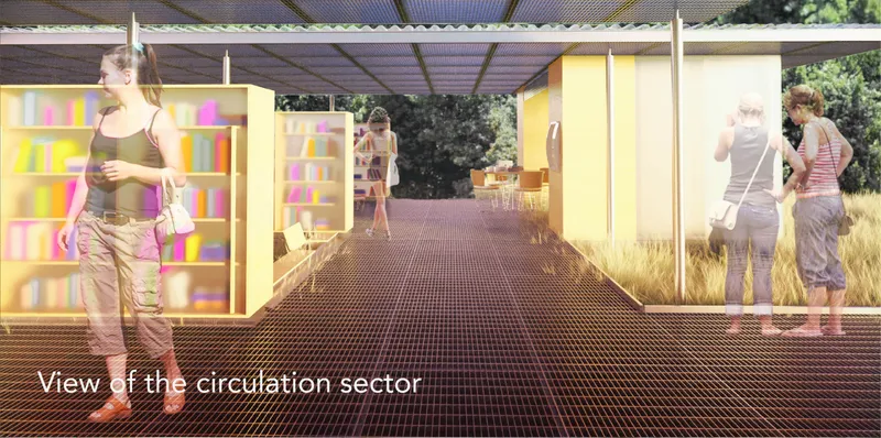 Open circulation connects bookshelves, social spaces, and the surrounding natural setting.