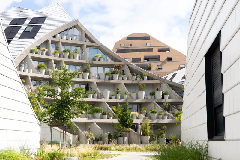 Ground-level view through landscaped pathway toward triangular facade with exposed diagonal structure