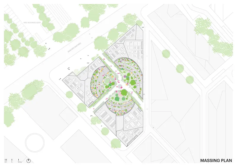 Massing plan drawing showing two curved building volumes embracing a landscaped courtyard with circular planting patterns