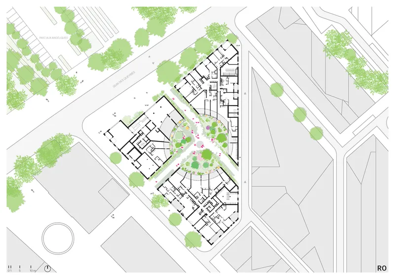 Ground floor plan showing residential units arranged around a central courtyard with trees and planted areas