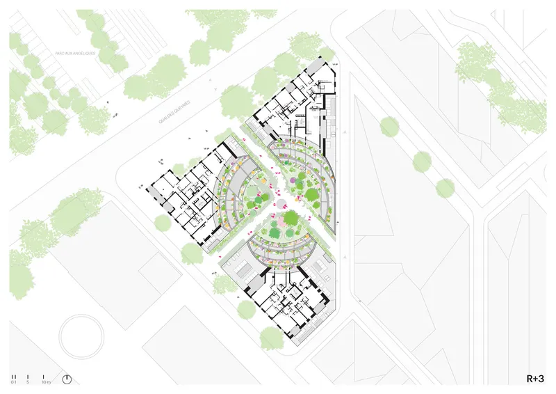 Upper floor plan showing residential units flanking a landscaped courtyard with terraced planting and circulation paths