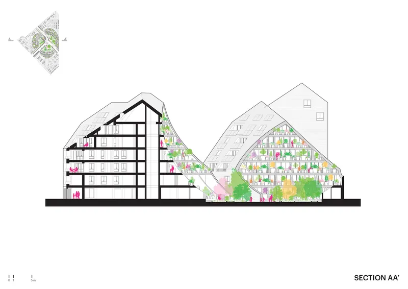 Section drawing showing gabled housing blocks with a glazed atrium space containing terraced planting and inhabited floors