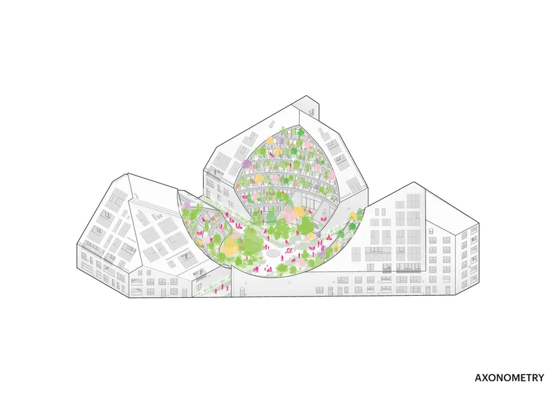Axonometric drawing showing three connected volumes with a central courtyard filled with trees and landscaping