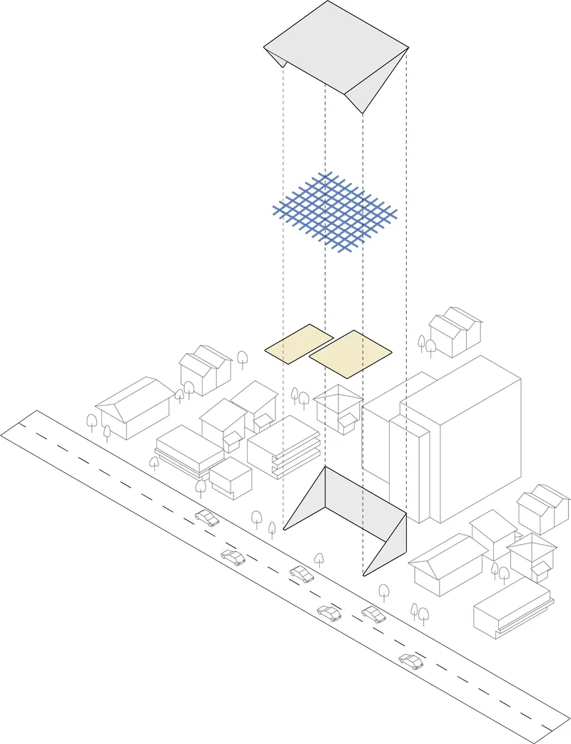 Axonometric drawing showing the building exploded vertically within a neighborhood context with surrounding low-rise structures and street