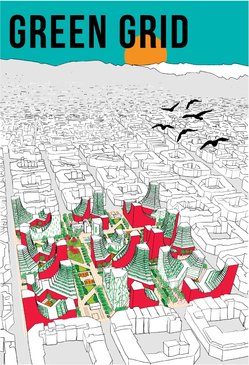 Aerial axonometric drawing showing a proposed urban block with green towers and red courtyards amid a dense cityscape