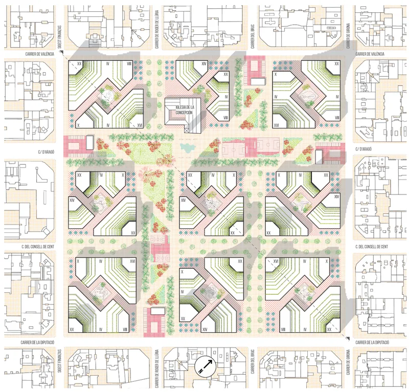 Site plan drawing with surrounding context showing central block with diagonal buildings, planted streets and adjacent floor plans