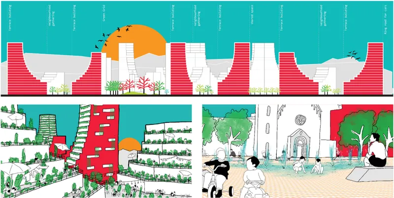 Elevation and section drawings showing stepped red tower forms with vegetation, terraced farming, and community spaces with people