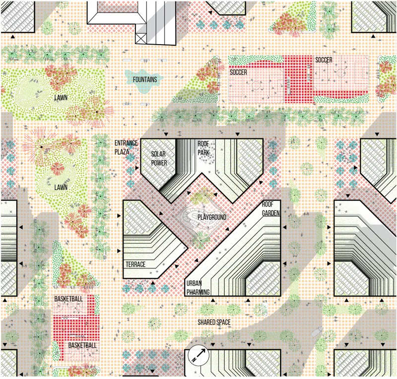 Ground level site plan drawing detailing playground, sports courts, entrance plaza, and shared spaces with labeled program areas