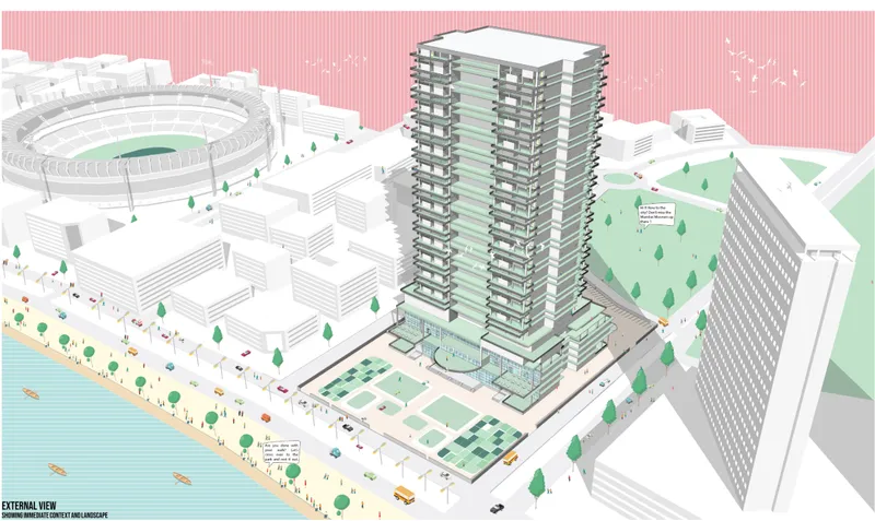 The Anchor rises beside Mumbai’s waterfront, combining public landscape, mixed-use programs, and high-rise living.