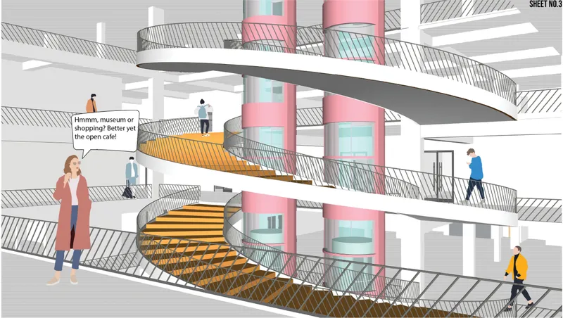 Curved bridges and staircases transform the central atrium into an active space for movement and social interaction.