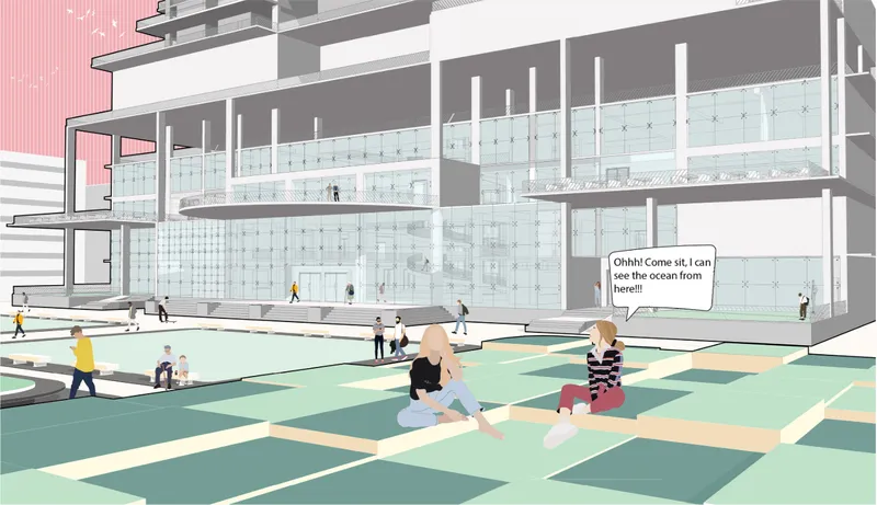 The landscaped public plaza creates an open civic foreground connecting the skyscraper with the surrounding city.