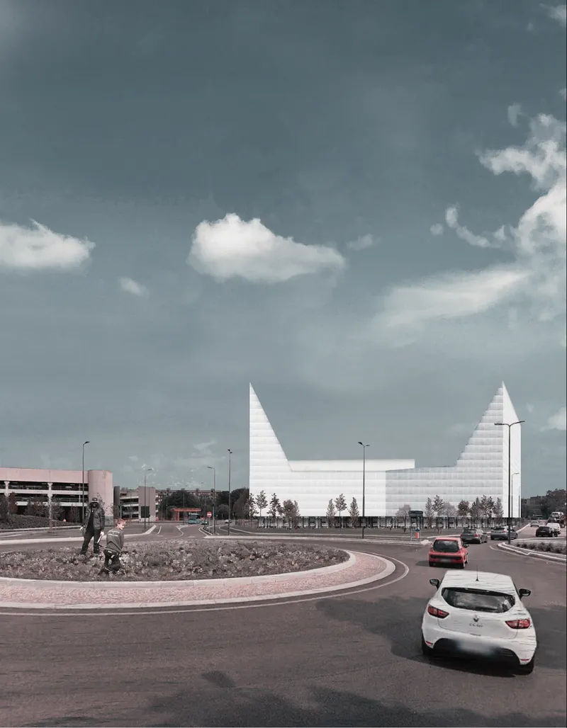 The building responds to the road layout while creating a striking identity on the suburban edge of Milan.