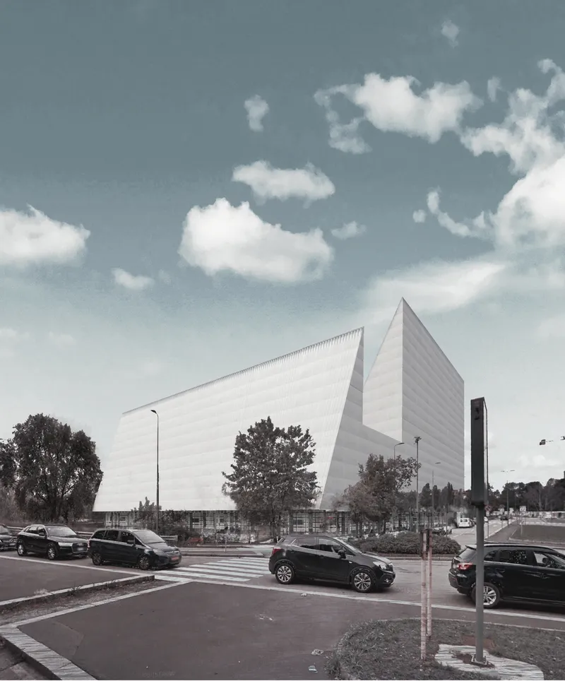 Fashion-Hub rises as a sharp Milan landmark with a translucent façade and bold triangular roof volumes.
