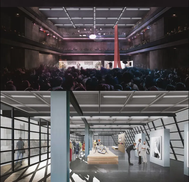 Interior views show the fashion hub as a space for events, exhibitions, talks, and sustainable fashion awareness.