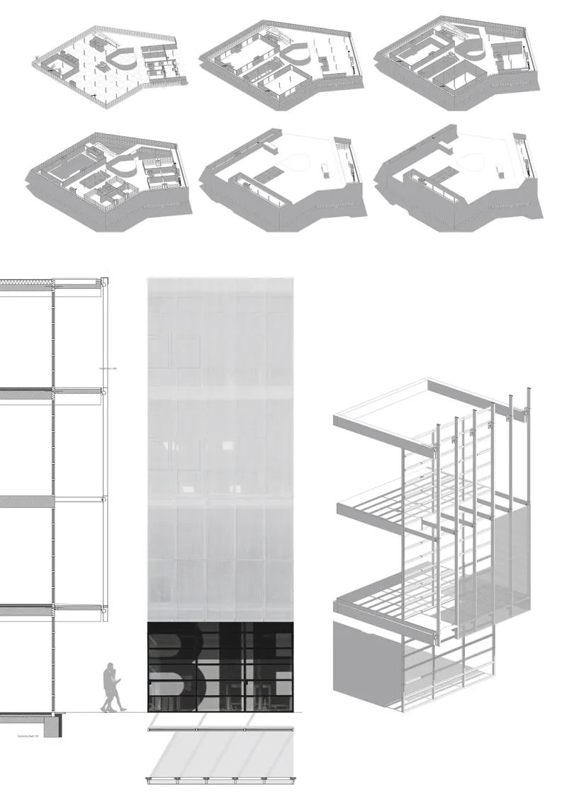Technical diagrams reveal the layered floor organization, façade system, and structural logic of Fashion-Hub.