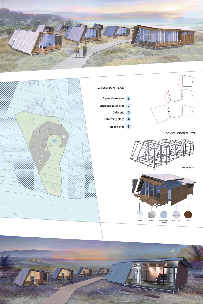 Site plan and modular construction strategy for the Montserrat creative retreat.