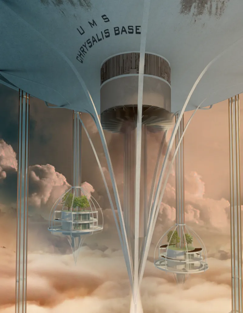 Chrysalis Base floats above the clouds, carrying life pods and ecological systems for humanity’s return to Earth.