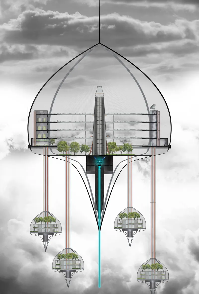 A sectional view reveals the suspended base, central reactor, green zones, and living pods within the floating structure
