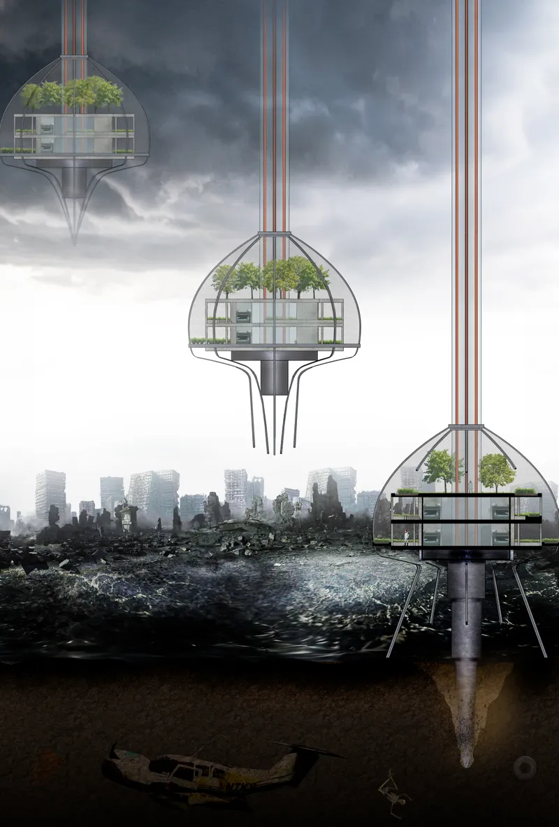 Hanging habitats hover over a devastated Earth, combining survival architecture with ecological research and restoration
