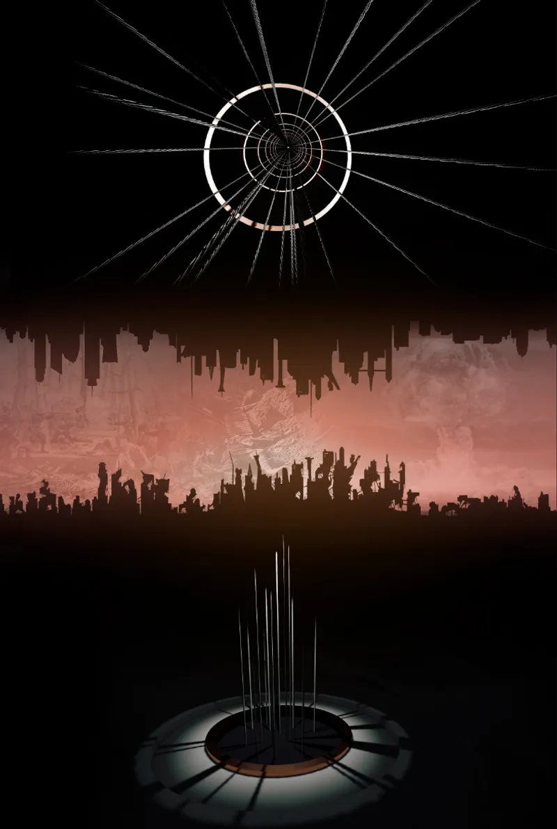 A dramatic conceptual view frames the destroyed Earth below and the suspended base as a beacon of survival.