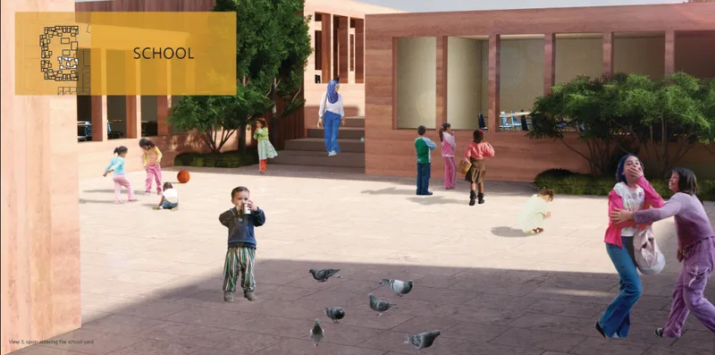 A protected learning courtyard where children gather, play, and learn within the Malalai Kakar Center.