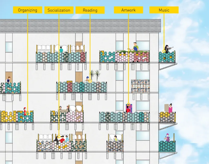 Section drawing showing balconies with labeled program areas including organizing, socializing, reading, artwork, and music activities